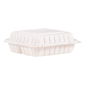 Hinged Lid Three Compartment Containers, 9" X 8.8" X 3", White, 150-carton