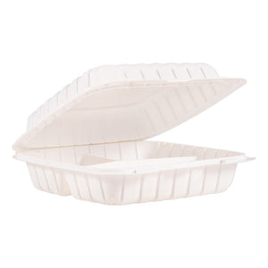 Hinged Lid Three Compartment Containers, 9" X 8.8" X 3", White, 150-carton