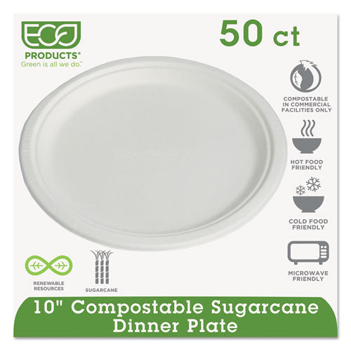 ESECOEPP005PKCT - Compostable Sugarcane Dinnerware, 10" Plate, Natural White, 50-pack, 10 Pk-ctn