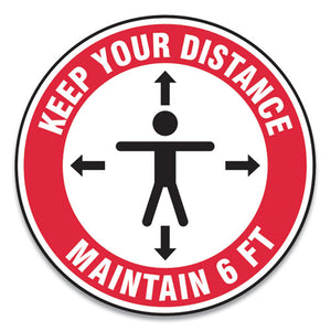 Slip-gard Social Distance Floor Signs, 12" Circle, "keep Your Distance Maintain 6 Ft", Human-arrows, Red-white, 25-pack