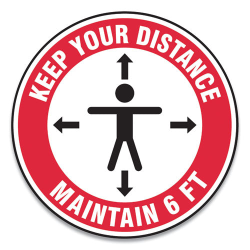 Slip-gard Social Distance Floor Signs, 12" Circle, "keep Your Distance Maintain 6 Ft", Human-arrows, Red-white, 25-pack