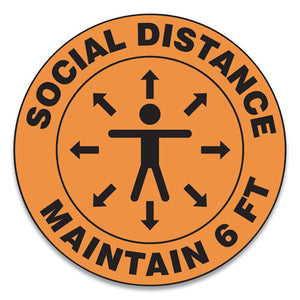 Slip-gard Social Distance Floor Signs, 17" Circle, "keep Your Distance Maintain 6 Ft", Human-arrows, Red-white, 25-pack