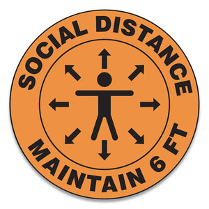 Slip-gard Social Distance Floor Signs, 12" Circle, "social Distance Maintain 6 Ft", Human-arrows, Orange, 25-pack
