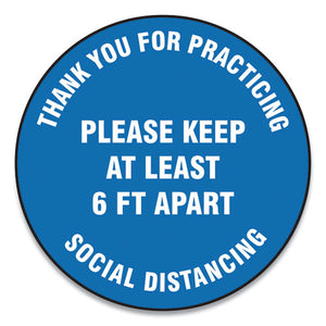 Slip-gard Floor Signs, 12" Circle, "thank You For Practicing Social Distancing Please Keep At Least 6 Ft Apart", Blue, 25-pk