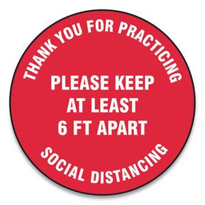 Slip-gard Floor Signs, 12" Circle, "thank You For Practicing Social Distancing Please Keep At Least 6 Ft Apart", Red, 25-pack