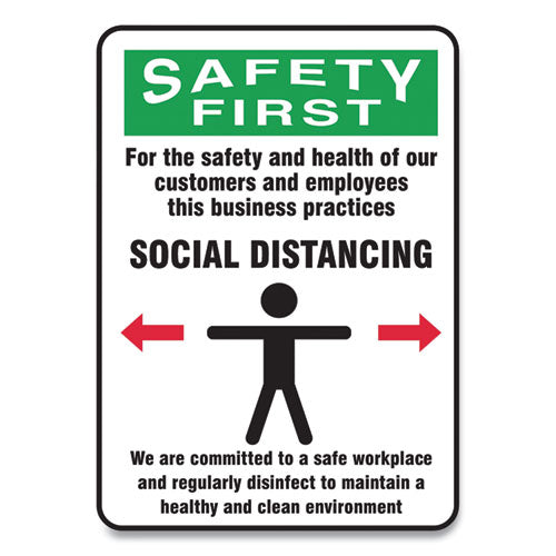 Social Distance Signs, Wall, 7 X 10, Customers And Employees Distancing Clean Environment, Humans-arrows, Green-white, 10-pk