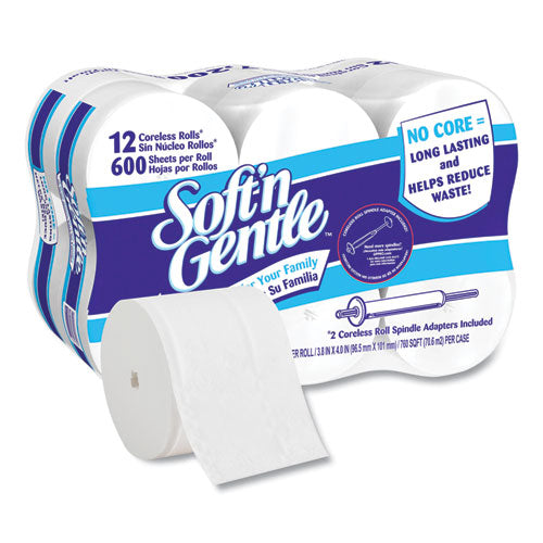 Soft'n Gentle Two-ply Coreless Toilet Paper, Septic Safe, White, 600 Sheets-roll, 12 Rolls-carton