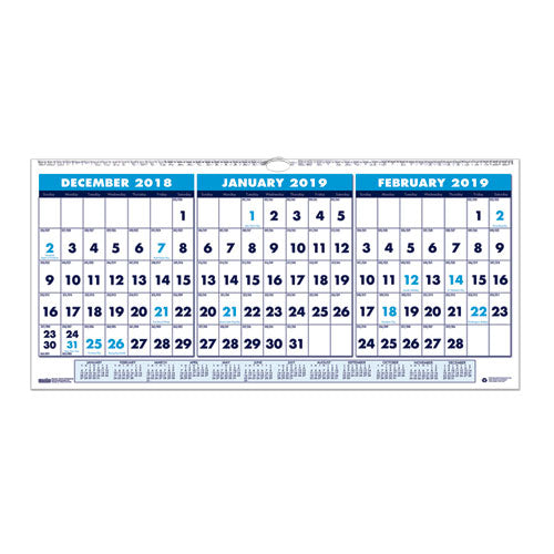 ESHOD3648 - RECYCLED THREE-MONTH HORIZONTAL WALL CALENDAR, 23 1-2 X 12, 14-MONTH, 2018-2020