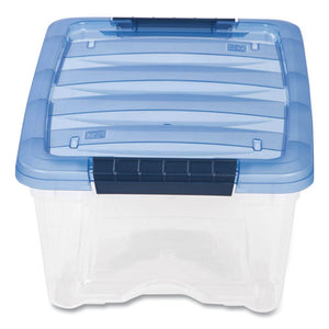 Stack And Pull Latching Flat Lid Storage Box, 3.23 Gal, 10.9" X 16.5" X 6.5", Clear-translucent Blue