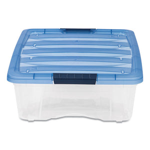 Stack And Pull Latching Flat Lid Storage Box, 6.73 Gal, 16.5" X 22" X 6.5", Clear-translucent Blue