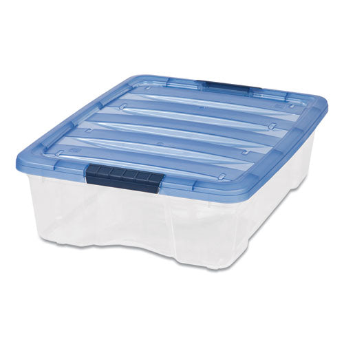 Stack And Pull Latching Flat Lid Storage Box, 6.73 Gal, 16.5" X 22" X 6.5", Clear-translucent Blue