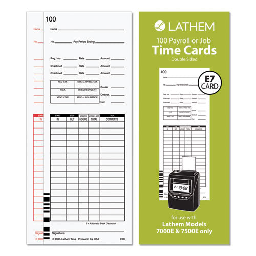 Time Clock Cards For Lathem Time 7000e-7500e, Two Sides, 3.38 X 8.78, 100-pack