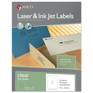 ESMACML4005 - Laser-inkjet Matte Clear Full Sheet Labels, 8 1-2 X 11, 50-box