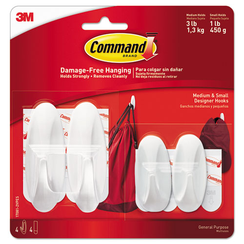 ESMMM170812VPES - GENERAL PURPOSE DESIGNER HOOKS, S-M, 3LB CAP, WHITE, 4 HOOKS & 4 STRIPS-PACK