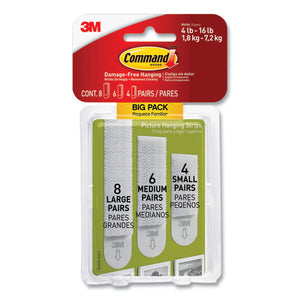 Picture Hanging Strips, Big Pack, (4 Small) 0.63" X 1.81, (6 Med) 0.75" X 2.75", (8 Lg) 0.63 X 3.63", White, 18 Pairs-pack