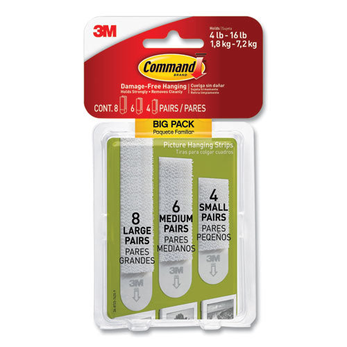 Picture Hanging Strips, Big Pack, (4 Small) 0.63" X 1.81, (6 Med) 0.75" X 2.75", (8 Lg) 0.63 X 3.63", White, 18 Pairs-pack