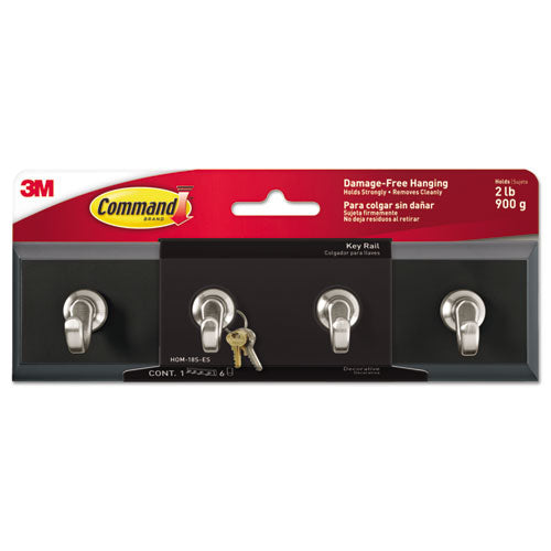 ESMMMHOM18SES - Decorative Key Rail, 8w X 1 1-2d X 2 1-8h, Black-silver, 4 Hooks-pack