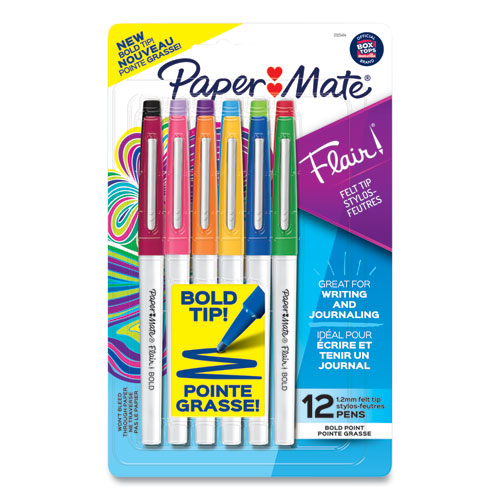 Flair Felt Tip Porous Point Pen, Stick, Bold 1.2 Mm, Assorted Ink Colors, White Pearl Barrel, 12-pack