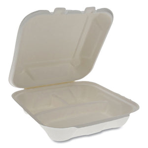 Earthchoice Bagasse Hinged Lid Container, 7.8 X 7.8 X 2.8, 3-compartment, Natural, 150-carton
