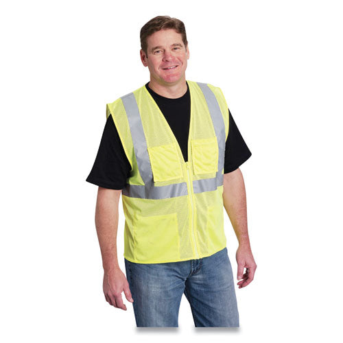 Ansi Class 2 Four Pocket Zipper Safety Vest, Polyester Mesh, Hi-viz Lime Yellow, Large