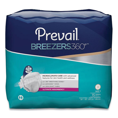 Breezers360 Degree Briefs, Ultimate Absorbency, Size 3, 58" To 70" Waist, 60-carton