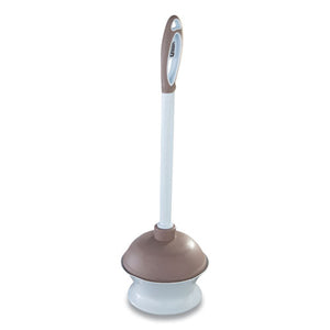 Plastic Toilet Plunger And Caddy With Microban, 16" Plastic Handle, 6.5" Dia, White-taupe