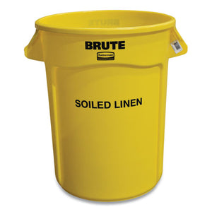 Round Brute Container With "soiled Linen" Imprint, Plastic, 32 Gal, Yellow
