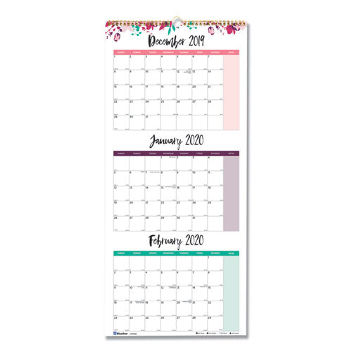 3-month Wall Calendar, 12.25 X 27, Floral, 2021