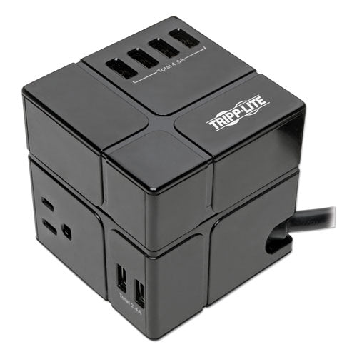 Three-outlet Power Cube Surge Protector With Six Usb-a Ports, 6 Ft Cord, 540 Joules, Black