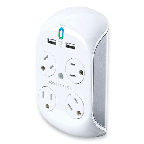 Revolve 3.4 Surge Protector, 4 Ac Outlets, 2 Usb Ports, 918 J, White-gray