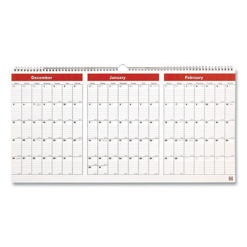 Quarterly Wall Calendar, Horizontal Landscape Orientation With Ruled Blocks, 12 X 23, White-red-black, 2022