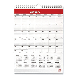 Wall Calendar, Vertical Portrait Orientation With Ruled Blocks, 8 X 11, White-red-black, 2022