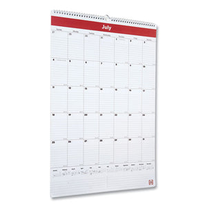 Wall Calendar, Vertical Portrait Orientation With Ruled Blocks, 15 X 22, White-red-black, 2021-2022