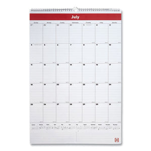 Wall Calendar, Vertical Portrait Orientation With Ruled Blocks, 15 X 22, White-red-black, 2021-2022