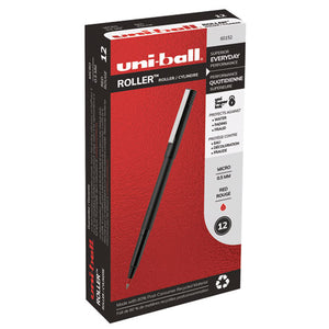 Stick Roller Ball Pen, Micro 0.5mm, Red Ink, Black Matte Barrel, Dozen