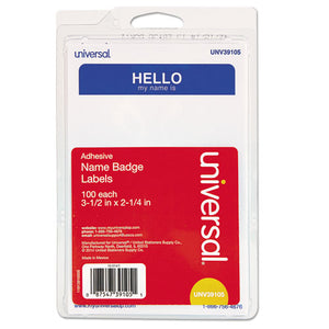 ESUNV39105 - "Hello" Self-Adhesive Name Badges, 3 1-2 X 2 1-4, White-blue, 100-pack