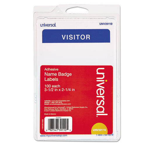 ESUNV39110 - "Visitor" Self-Adhesive Name Badges, 3 1-2 X 2 1-4, White-blue, 100-pack