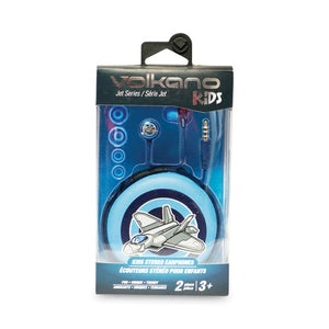 Smiling-jet Series Kids Stereo Earbuds, Animated Fighter-jet Theme, Gray-blue-black