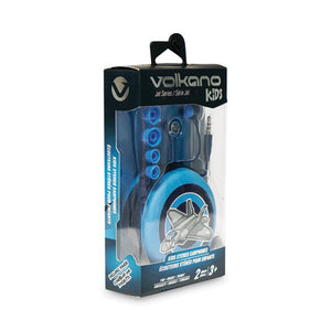 Smiling-jet Series Kids Stereo Earbuds, Animated Fighter-jet Theme, Gray-blue-black